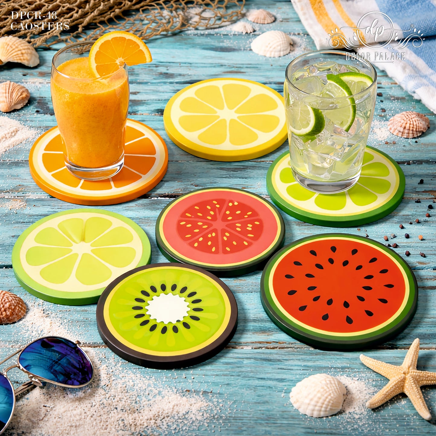 Fruit Print Round Wooden Coasters Set of 6