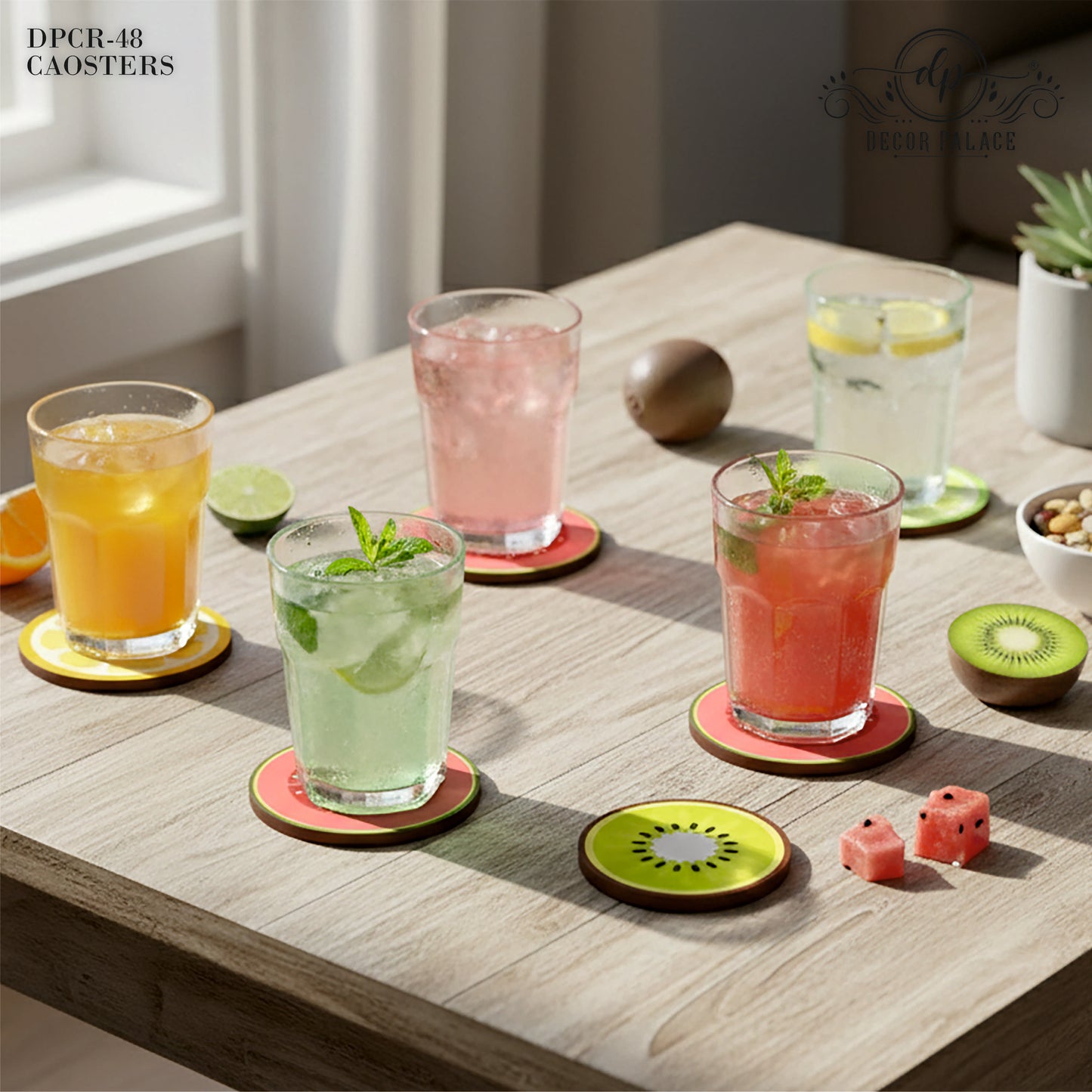 Fruit Print Round Wooden Coasters Set of 6
