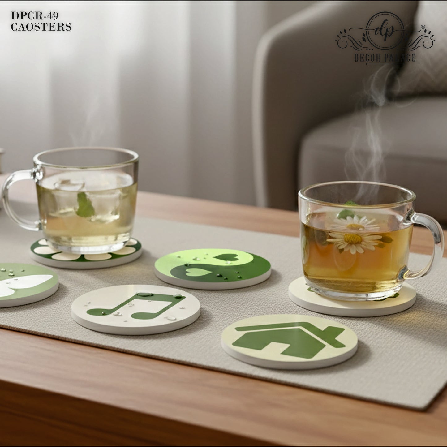 Minimal Icon Art Round Wooden Coasters Set of 6