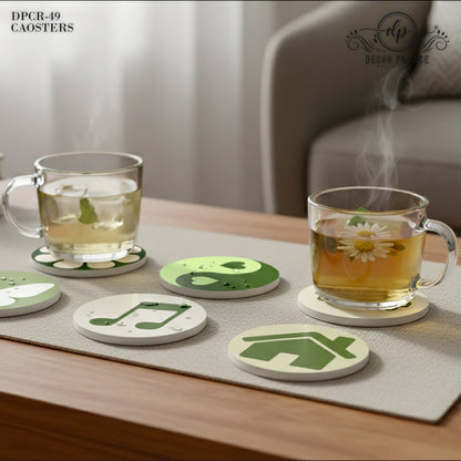 Minimal Icon Art Round Wooden Coasters Set of 6