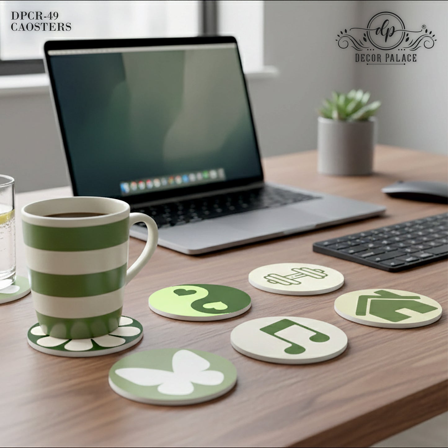 Minimal Icon Art Round Wooden Coasters Set of 6