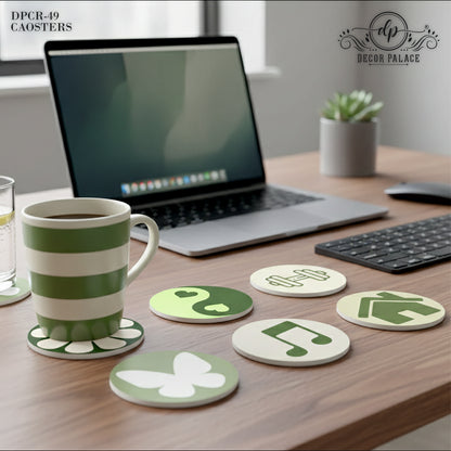 Minimal Icon Art Round Wooden Coasters Set of 6