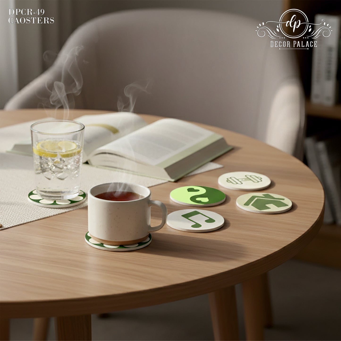 Minimal Icon Art Round Wooden Coasters Set of 6