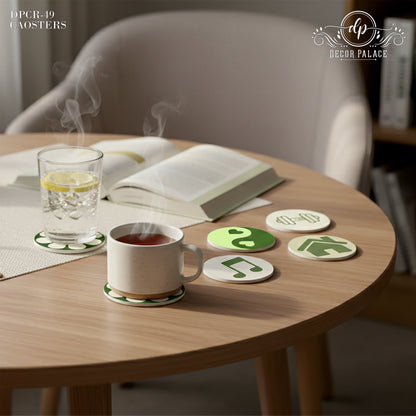 Minimal Icon Art Round Wooden Coasters Set of 6