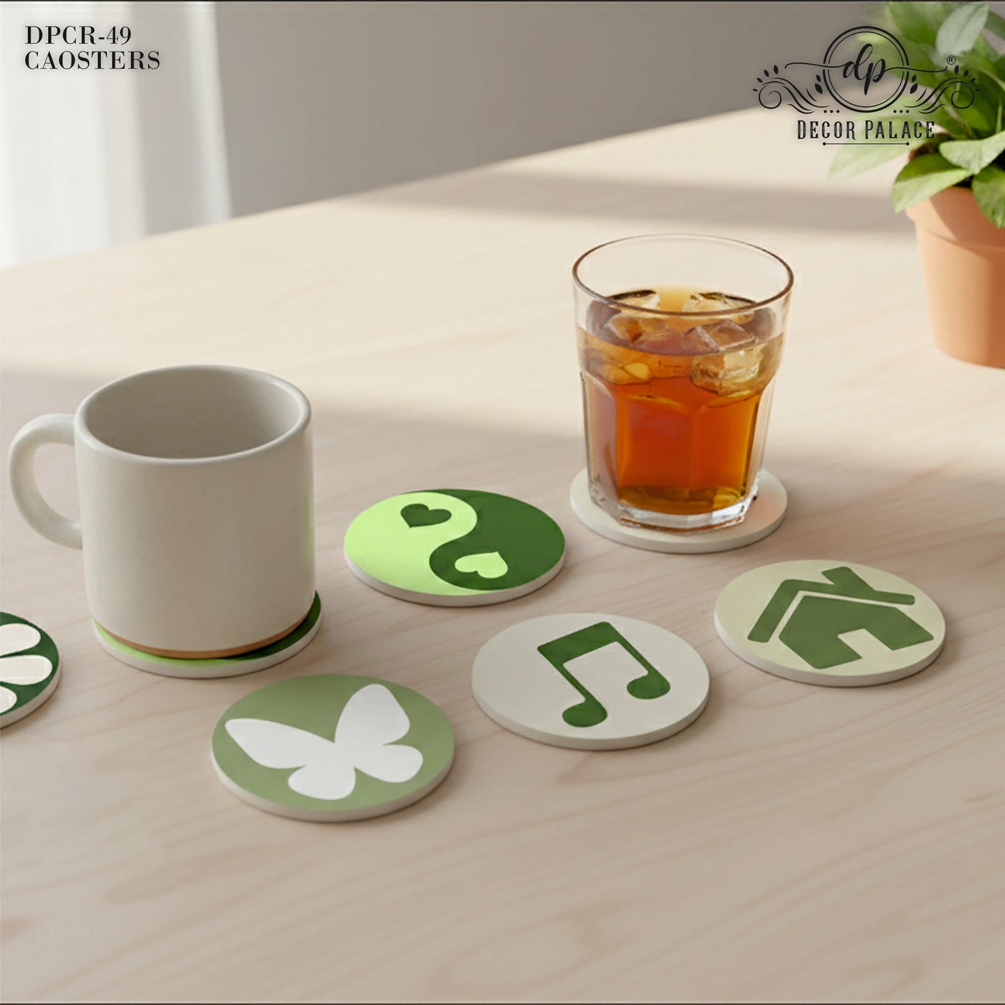 Minimal Icon Art Round Wooden Coasters Set of 6