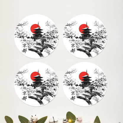 Red Sun Ink Landscape Round Coaster Set of 4 - DPCR-549