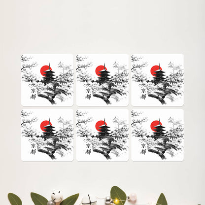 Red Sun Ink Landscape Square Coaster Set of 6 - DPCR-549