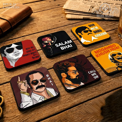 Classic Bollywood Dialogue Wooden Drink Coasters Set of 6