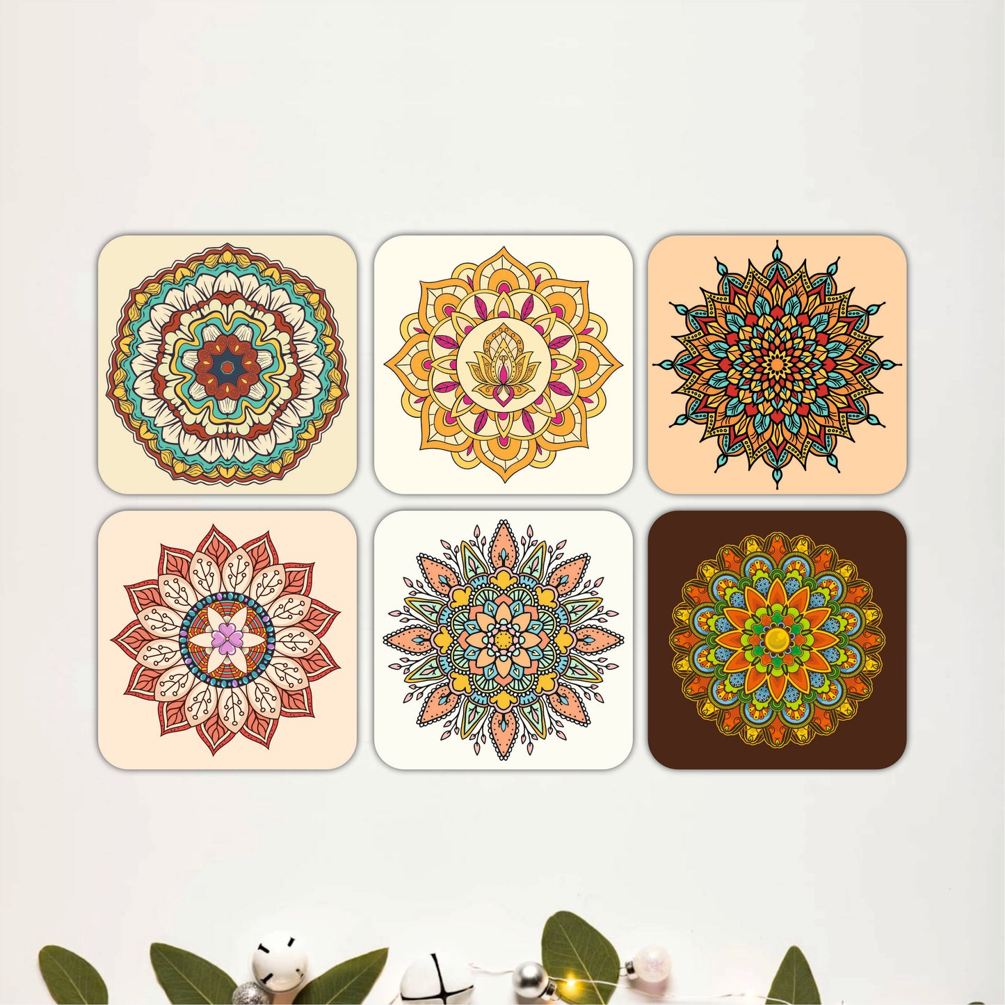 Vibrant Mandala Wooden Coasters Set of 6