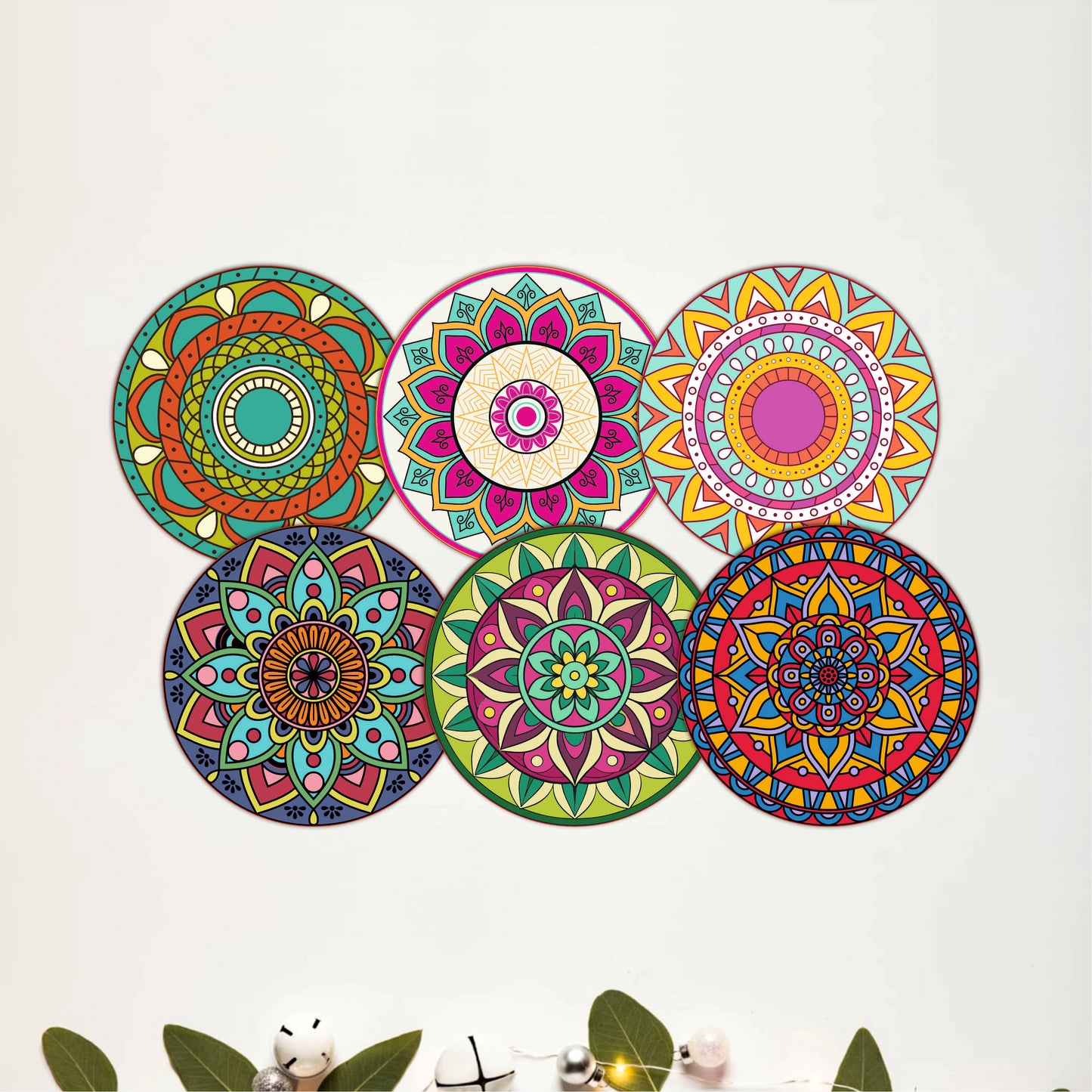 Vibrant Mandala Wooden Coasters Set of 6