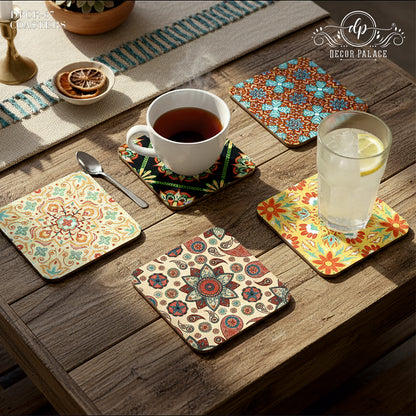 Vintage Boho Wooden Coasters Set of 6