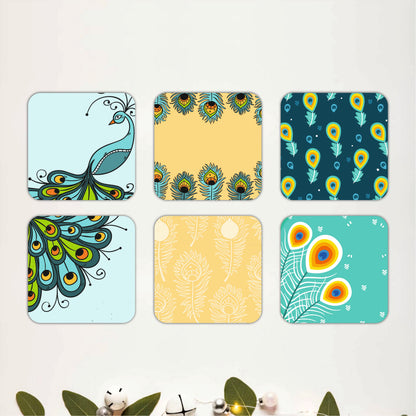 Peacock Elegance Wooden Coasters Set of 6