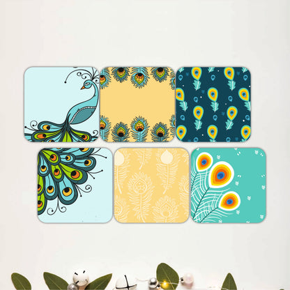 Peacock Elegance Wooden Coasters Set of 6