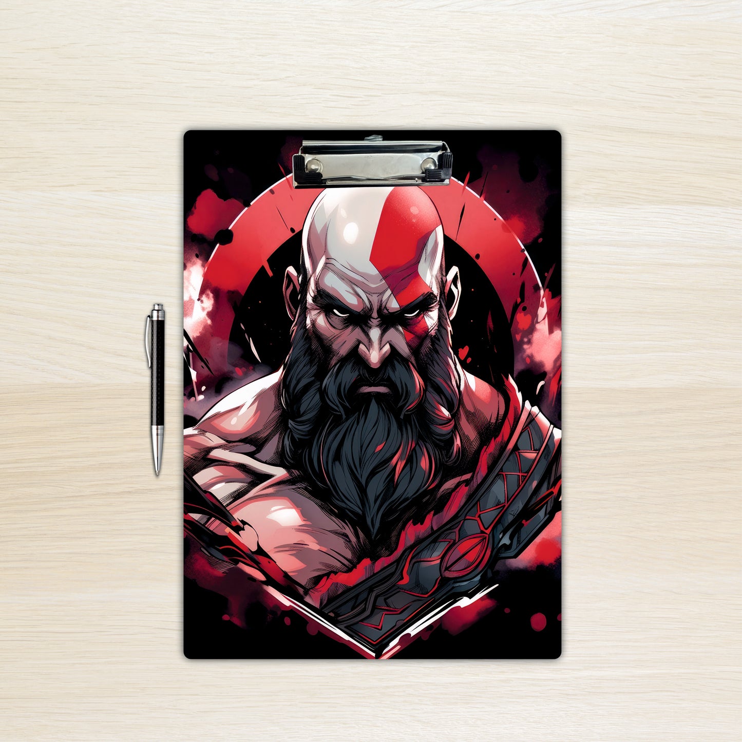 Kratos Rage Portrait Clipboard – Epic Gaming Character Artwork