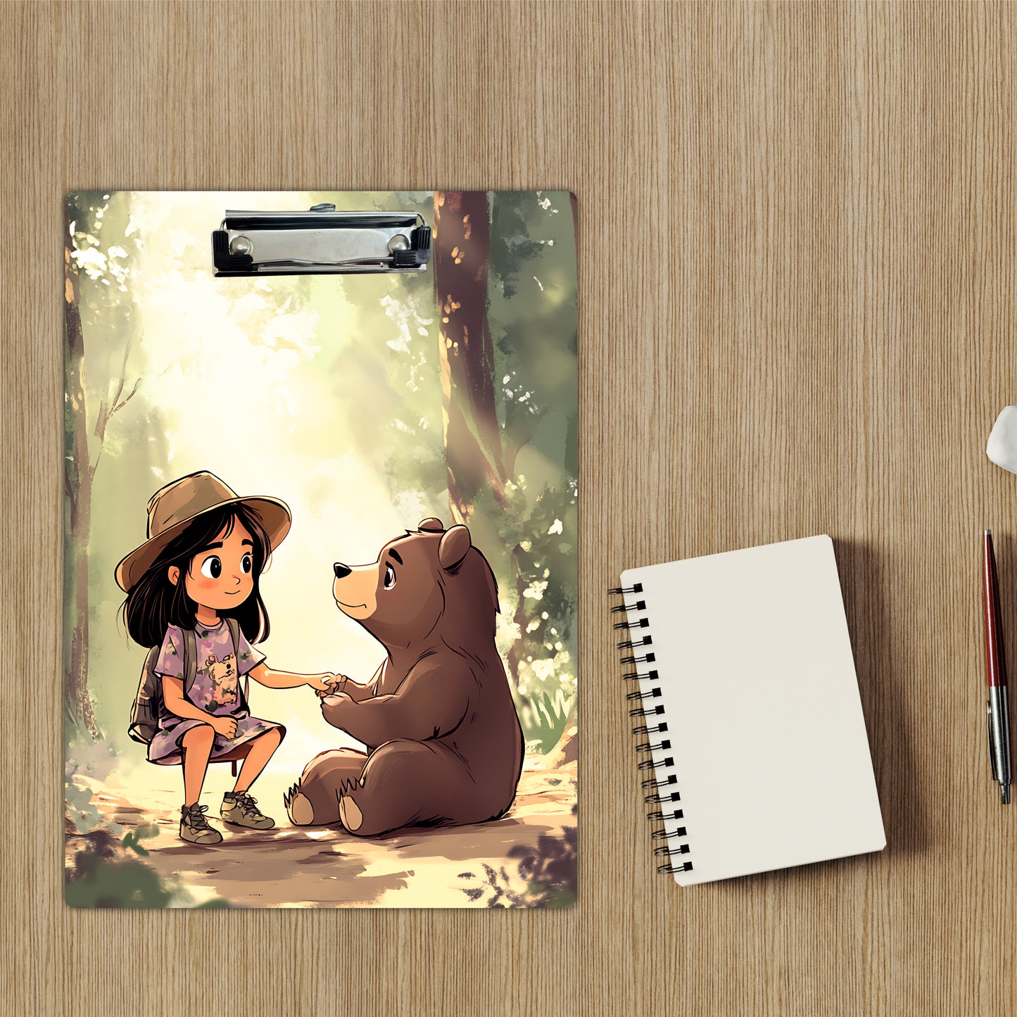 Forest Friendship Clipboard – Girl and Bear Woodland Art