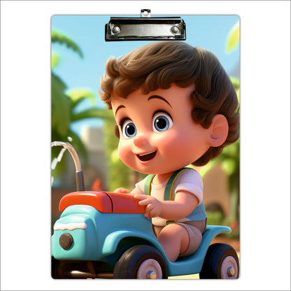 Cute Baby Boy Riding Toy Car Writing Pad Clipboard