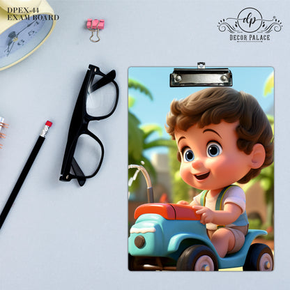 Cute Baby Boy Riding Toy Car Writing Pad Clipboard