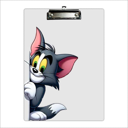 Cute Grey Cat Clipboard – Playful Cartoon Illustration