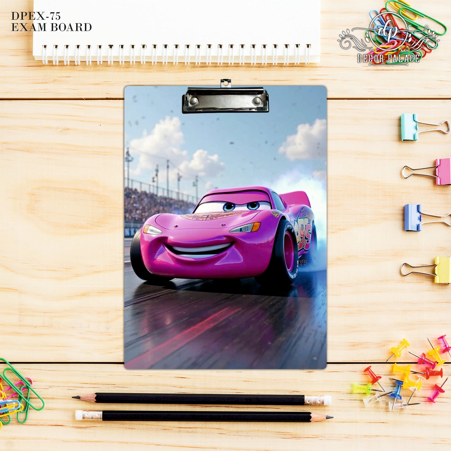 Pink Racing Car Clipboard – Speed Champion Cartoon Art