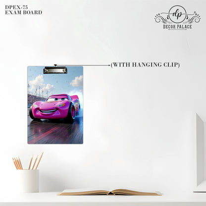 Pink Racing Car Clipboard – Speed Champion Cartoon Art