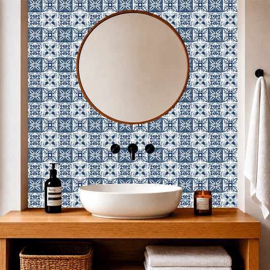 Blue Floral Patchwork Tile Sticker Set