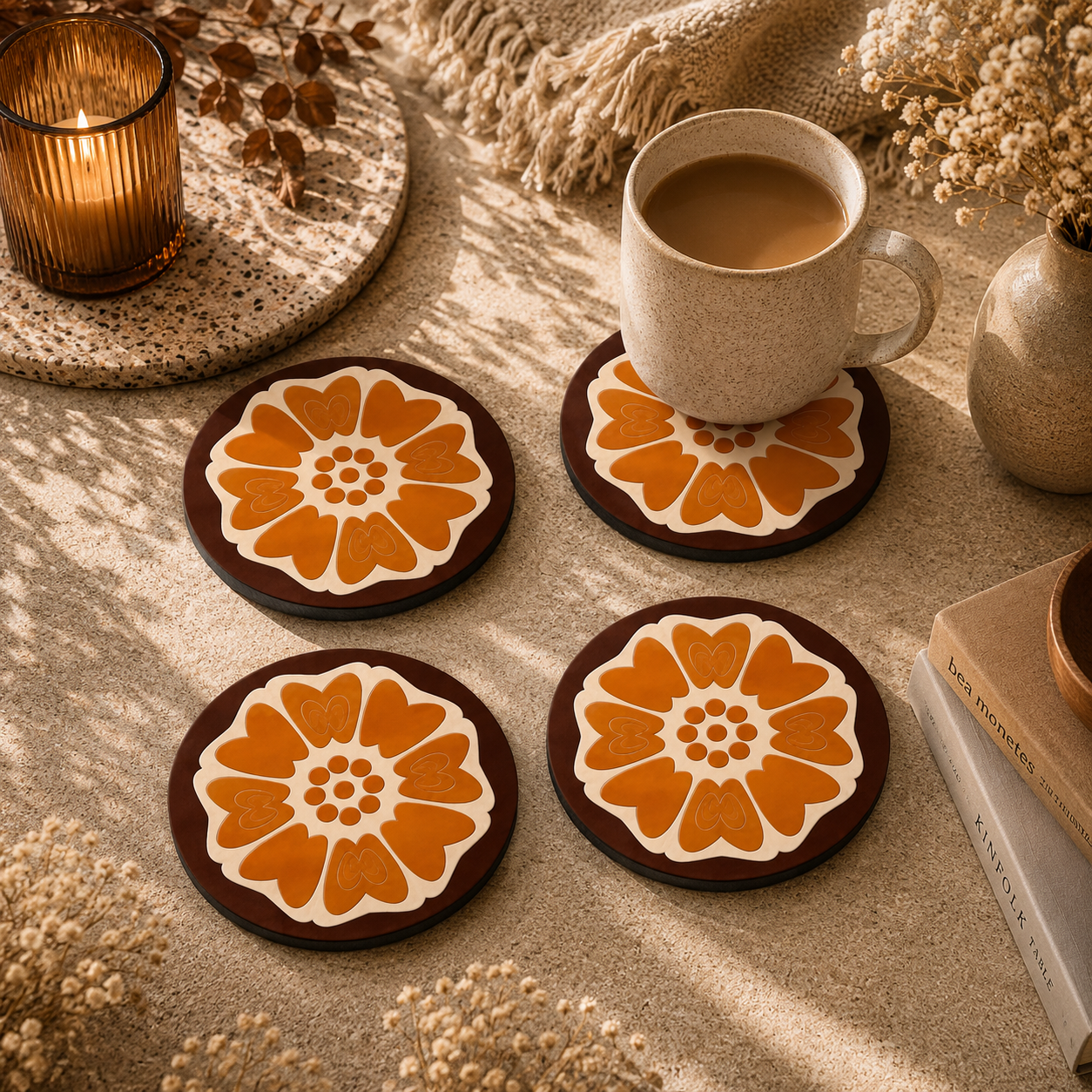 Retro Floral Round Wooden Coasters Set of 4