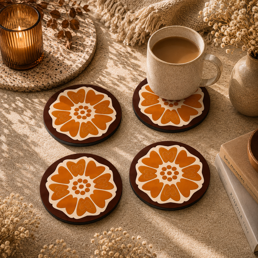 Retro Floral Round Wooden Coasters Set of 4