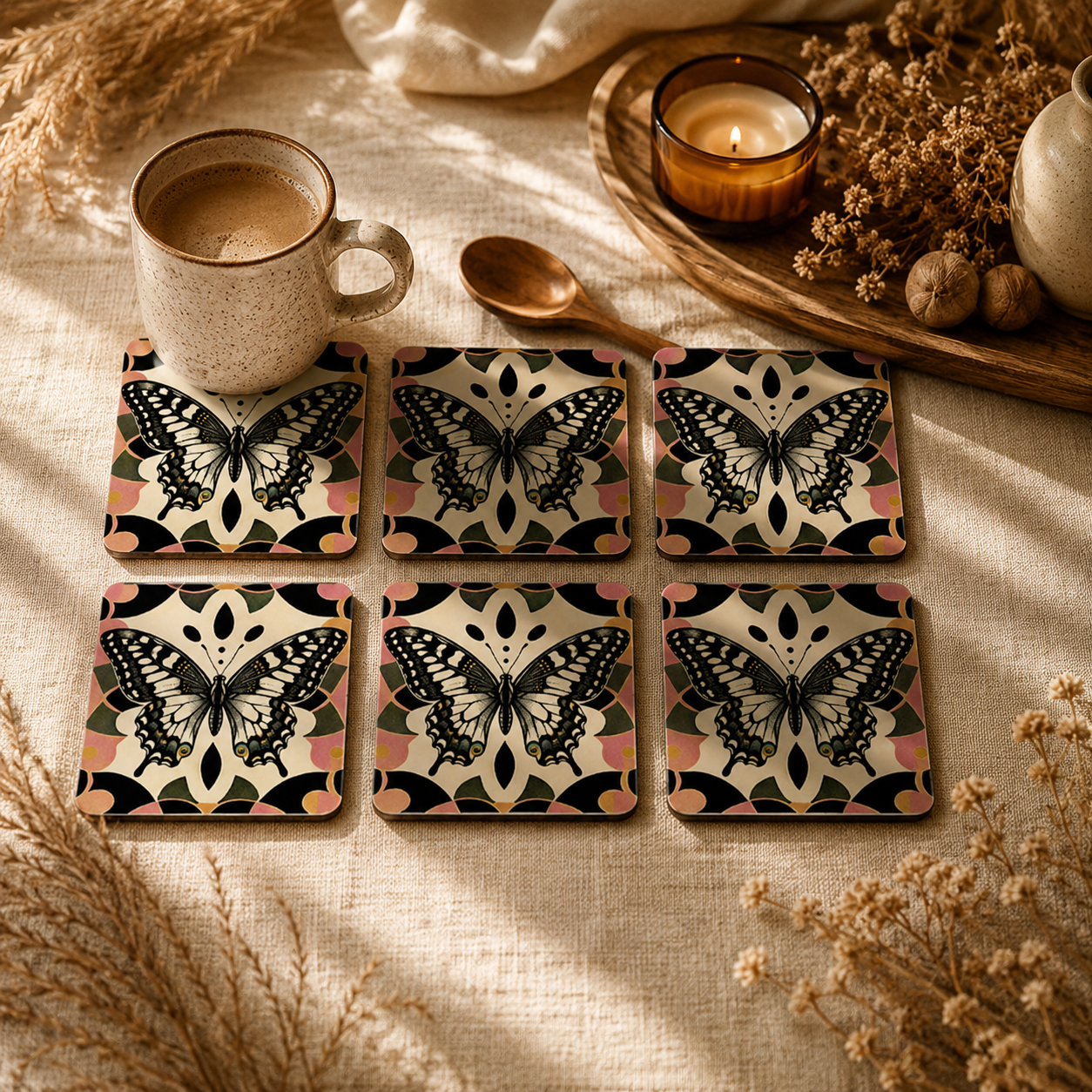 Vintage Butterfly Botanical Wooden Coasters Set of 6