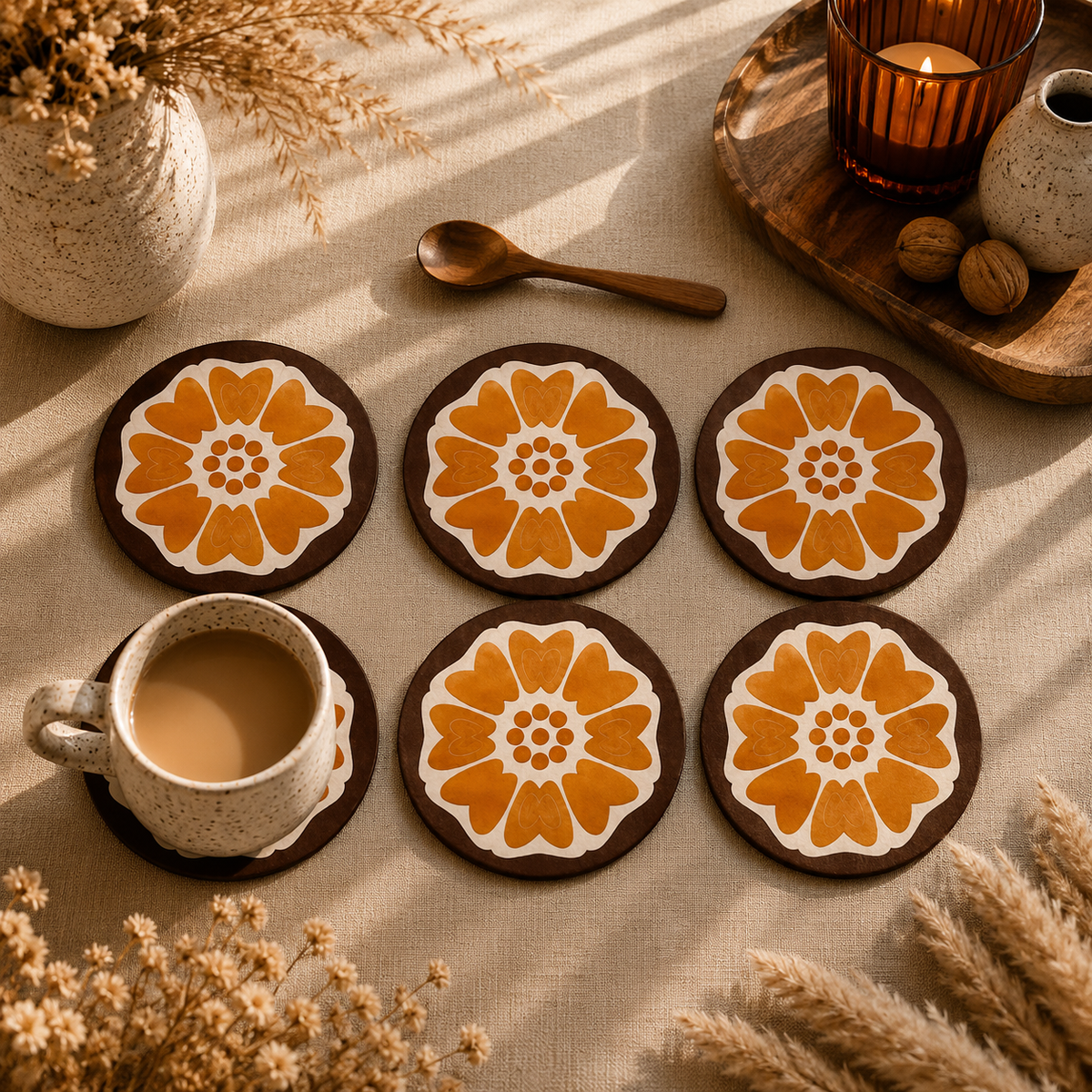 Retro Floral Mandala Wooden Coasters Set of 6