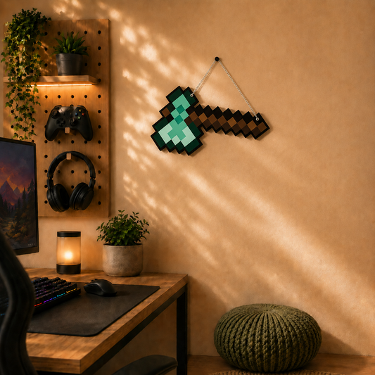 Retro Pixel Diamond Axe Gaming Wall Hanging