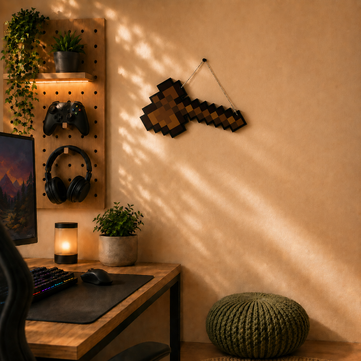 Retro Pixel Wooden Axe Gaming Wall Hanging