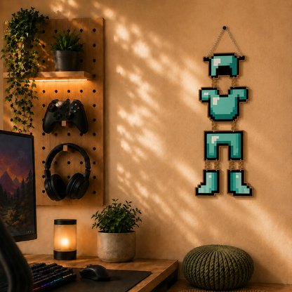 Retro Pixel Diamond Armor Gaming Wall Hanging