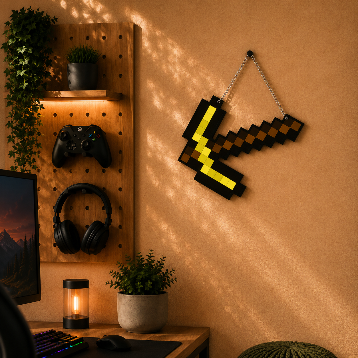 Retro Pixel Golden Pickaxe Gaming Wall Hanging