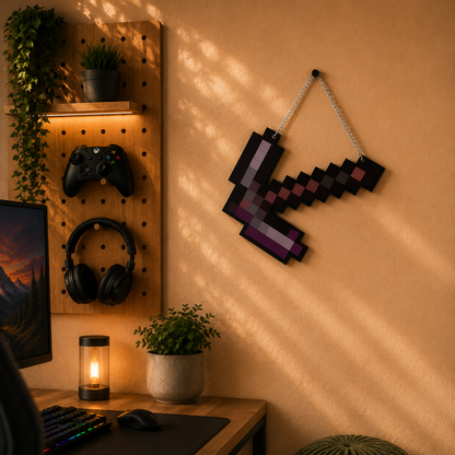 Retro Pixel Netherite Pickaxe Gaming Wall Hanging