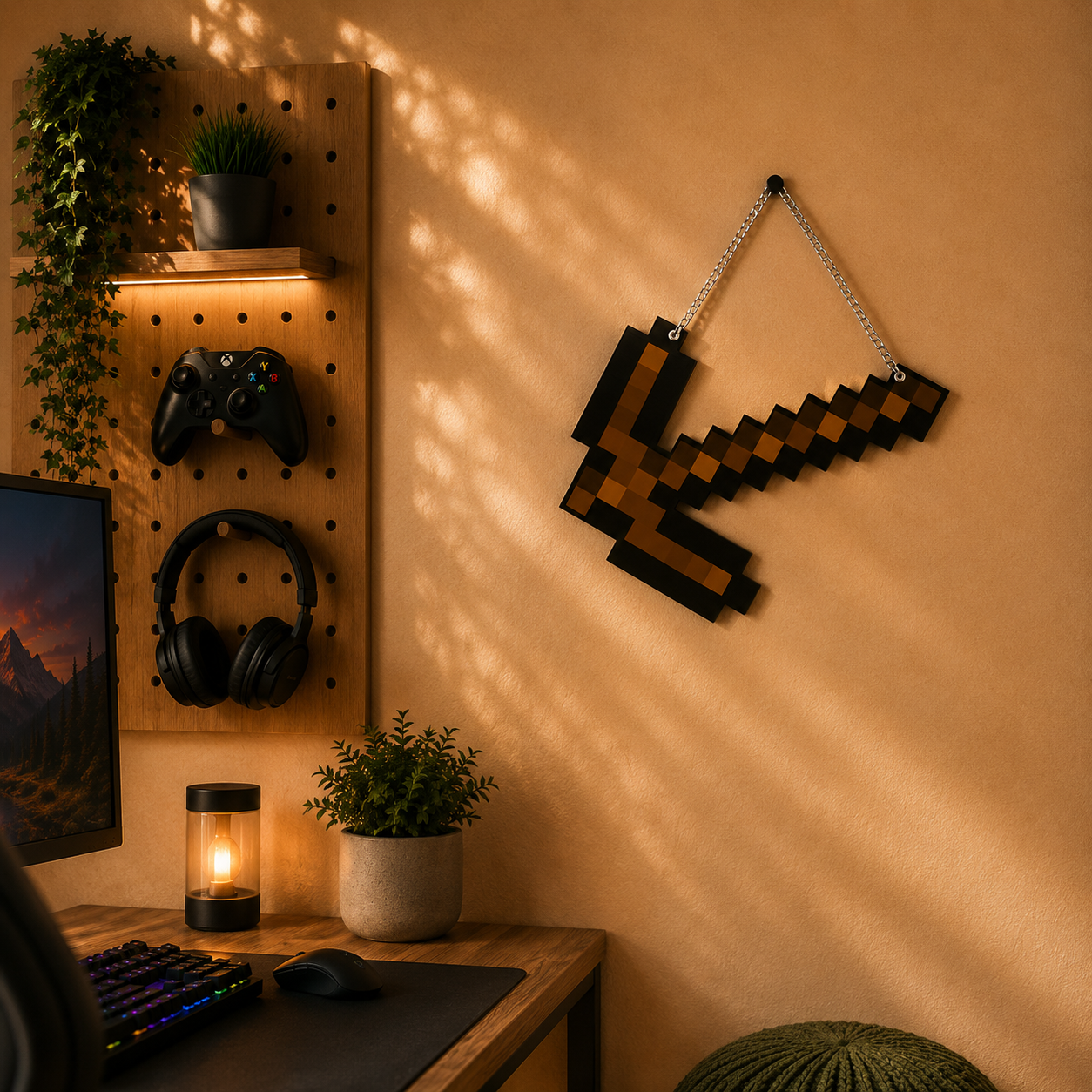 Retro Pixel Wooden Pickaxe Gaming Wall Hanging