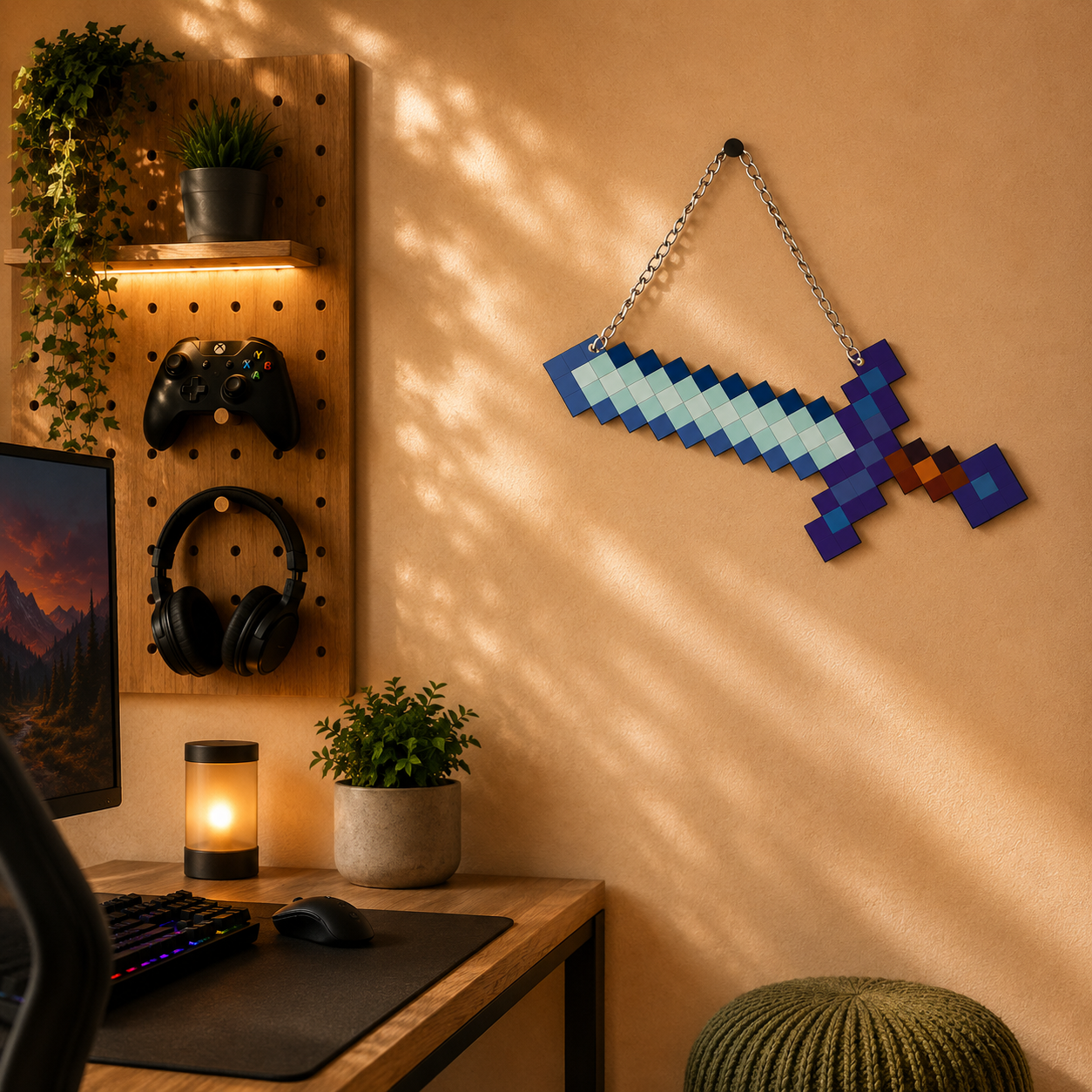 Retro Pixel Enchanted Diamond Sword Gaming Wall Hanging
