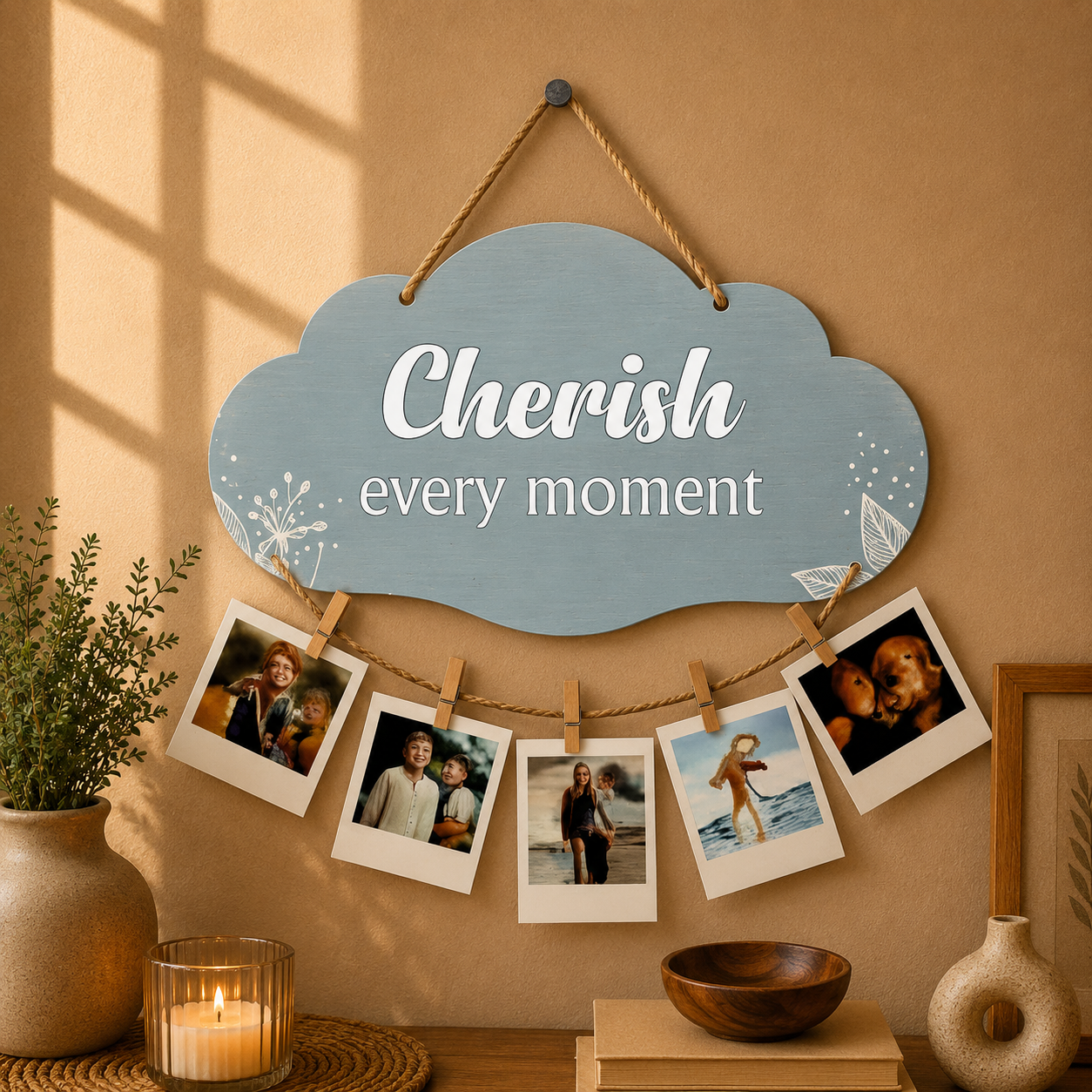 Cherish Every Moment Soft Blue Floral Photo Hanging