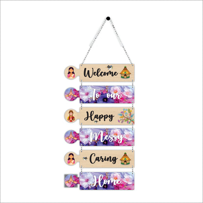 Welcome to Our Happy Messy Caring Home Wooden Wall Hanging