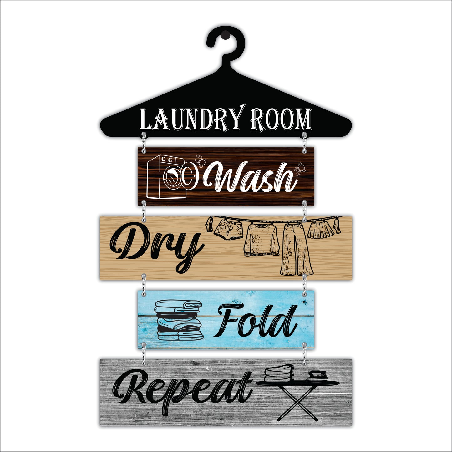 Laundry Room Wash Dry Fold Repeat Wooden Wall Hanging