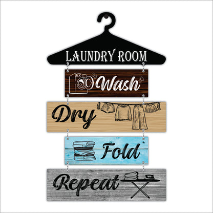 Laundry Room Wash Dry Fold Repeat Wooden Wall Hanging