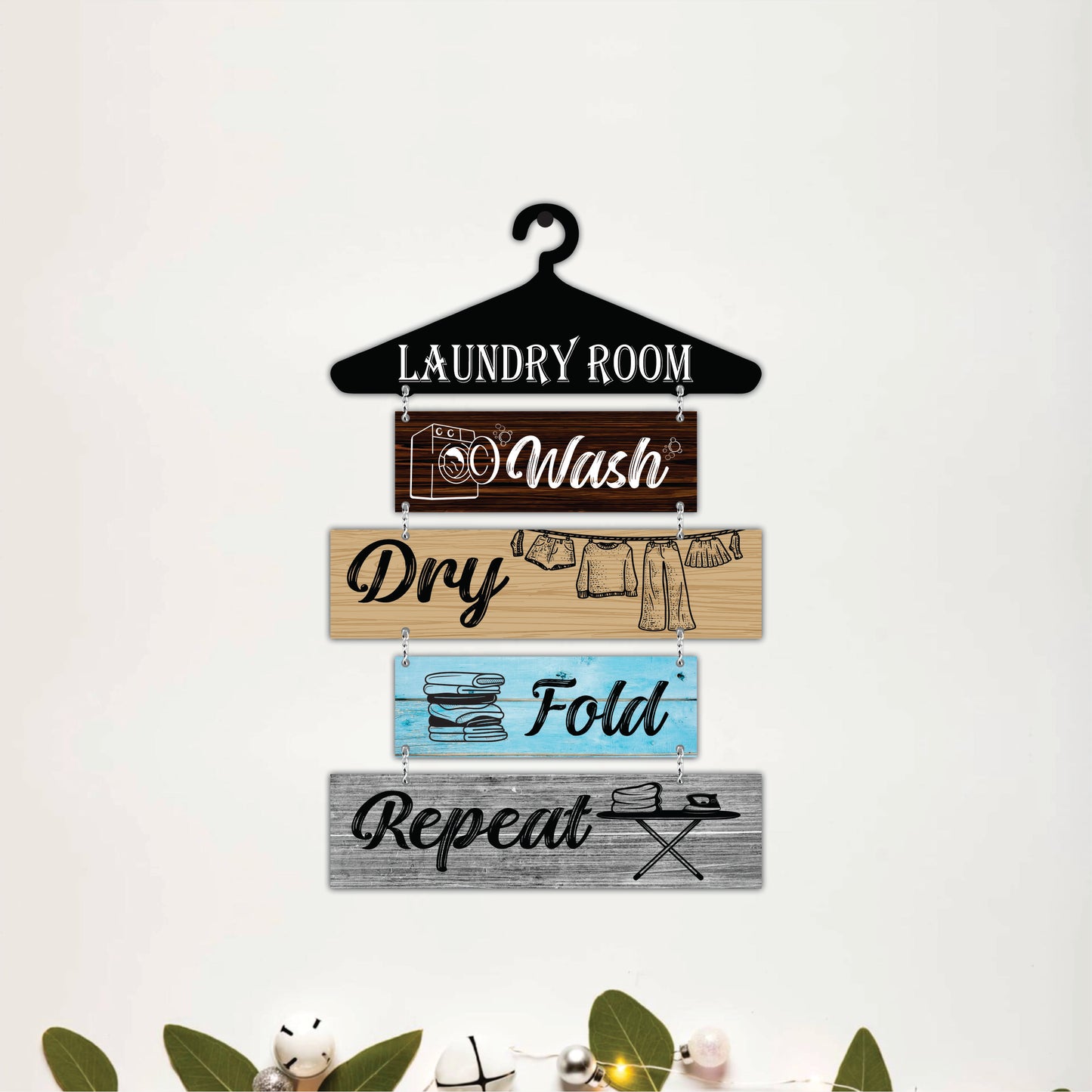 Laundry Room Wash Dry Fold Repeat Wooden Wall Hanging