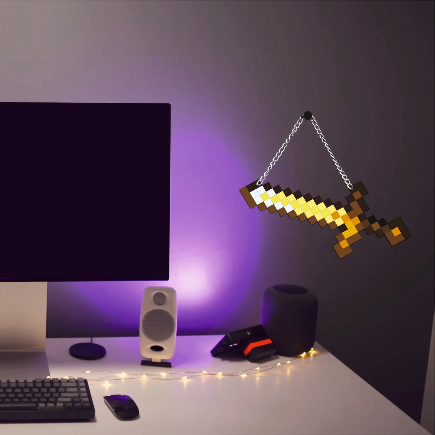 Retro Pixel Golden Sword Gaming Wall Hanging