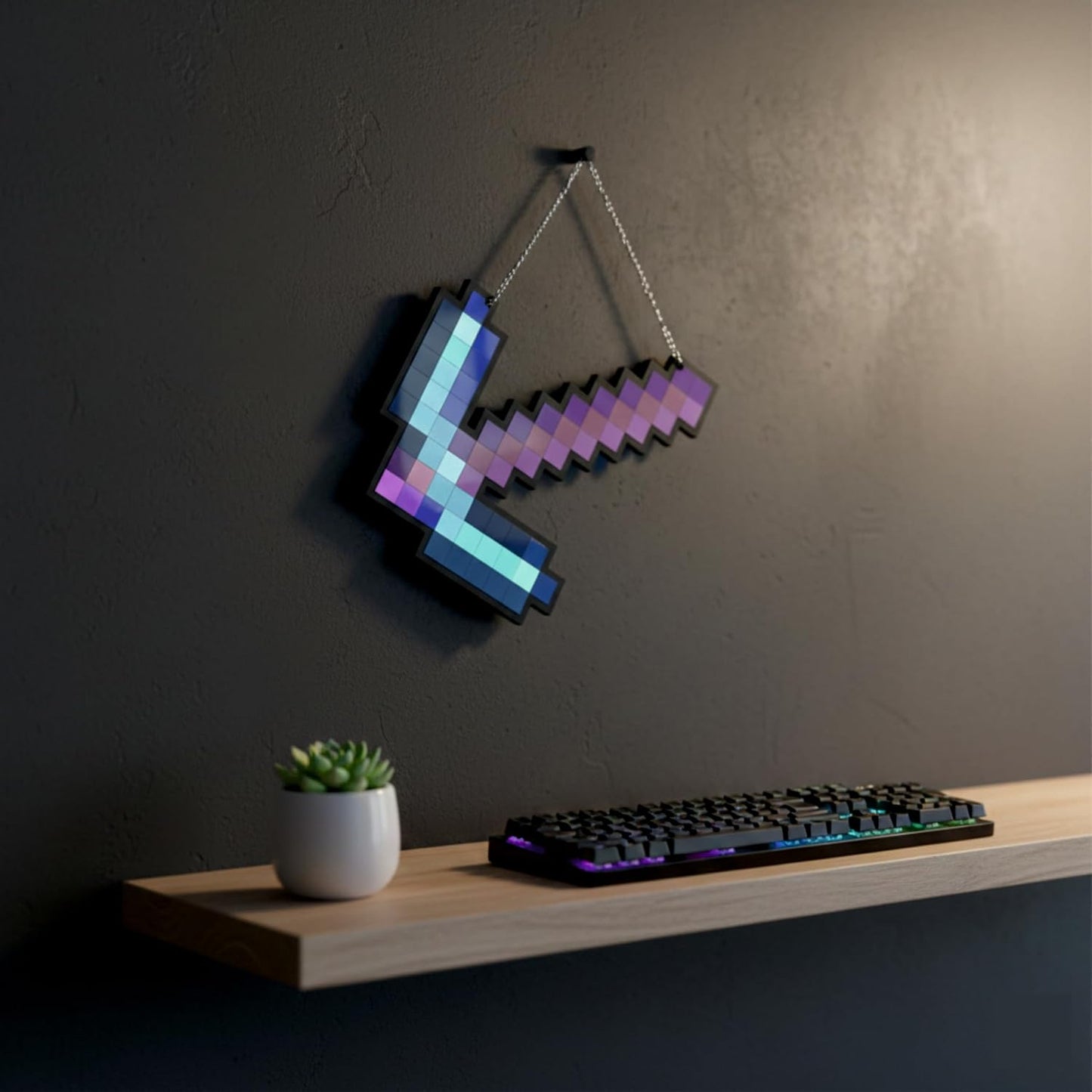 Retro Pixel Enchanted Diamond Pickaxe Gaming Wall Hanging