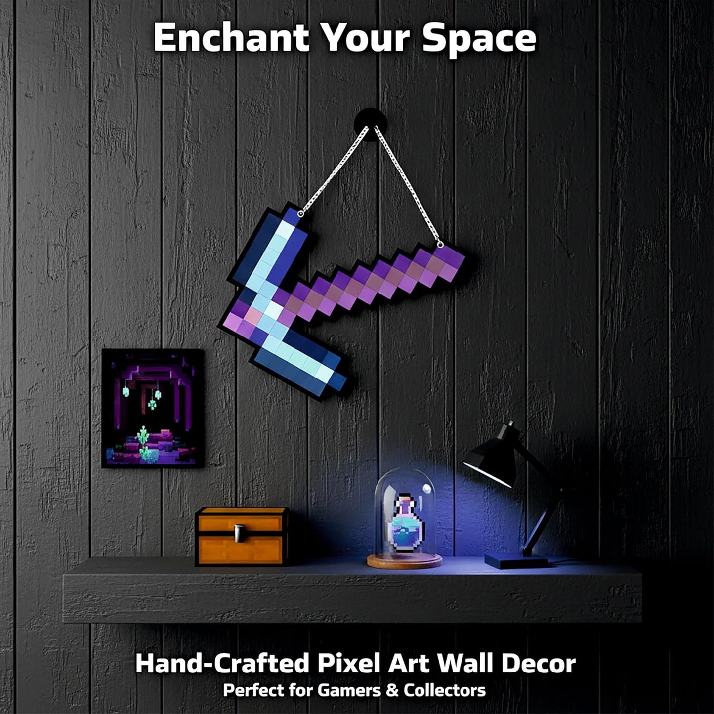 Retro Pixel Enchanted Diamond Pickaxe Gaming Wall Hanging
