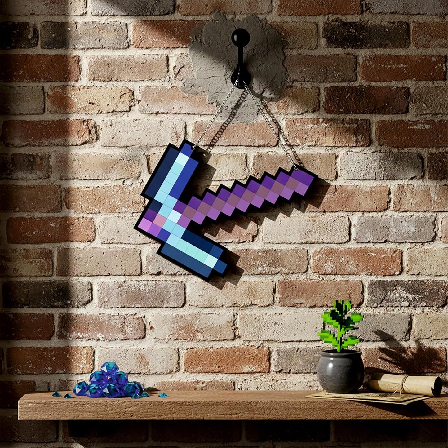 Retro Pixel Enchanted Diamond Pickaxe Gaming Wall Hanging