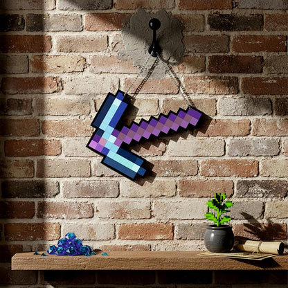 Retro Pixel Enchanted Diamond Pickaxe Gaming Wall Hanging
