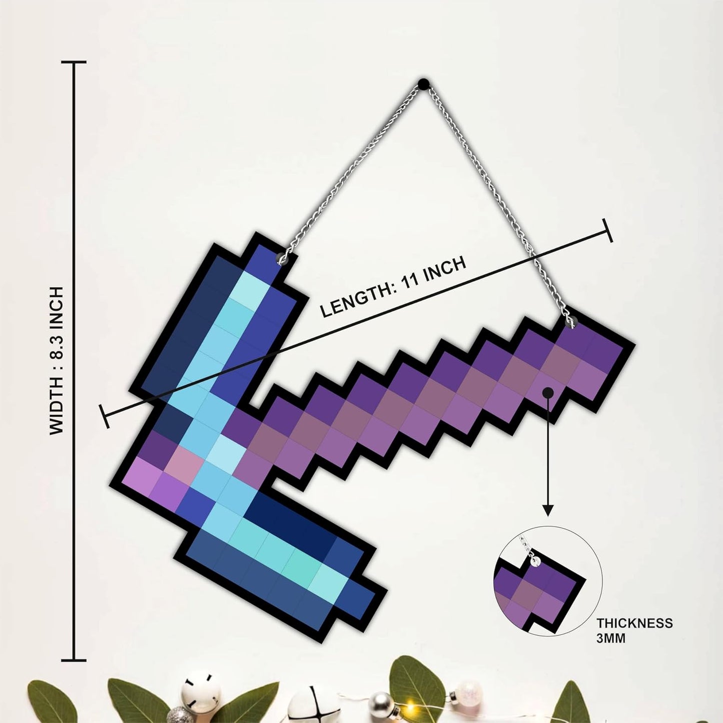 Retro Pixel Enchanted Diamond Pickaxe Gaming Wall Hanging