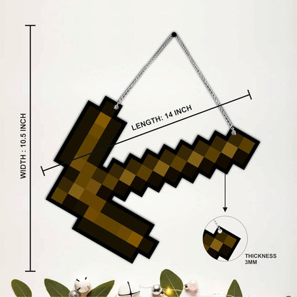 Retro Pixel Wooden Pickaxe Gaming Wall Hanging