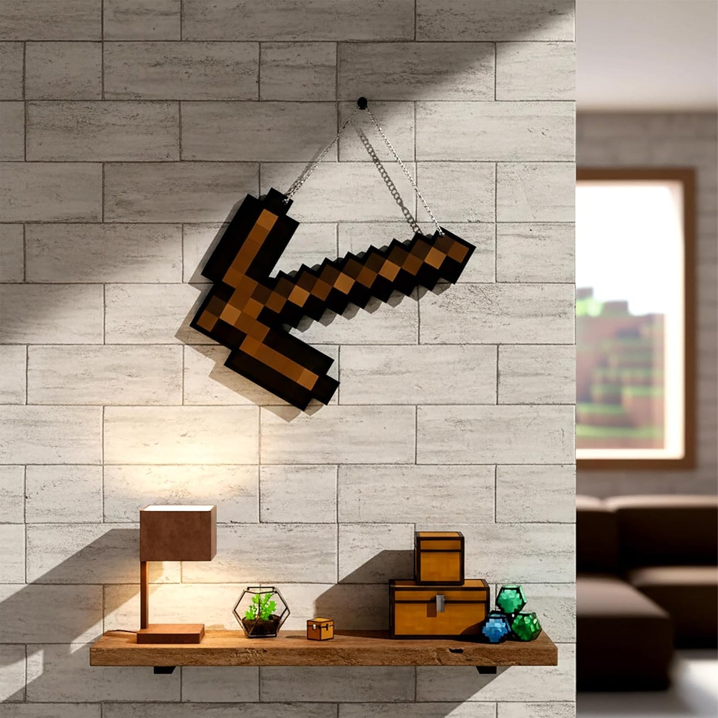 Retro Pixel Wooden Pickaxe Gaming Wall Hanging
