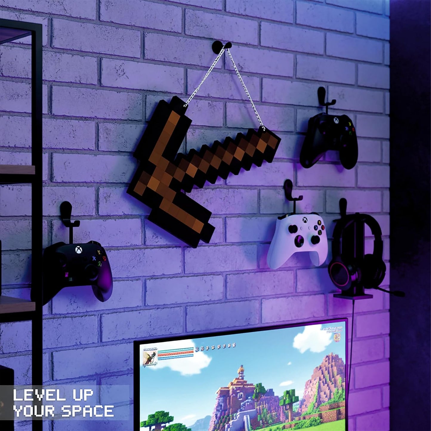 Retro Pixel Wooden Pickaxe Gaming Wall Hanging